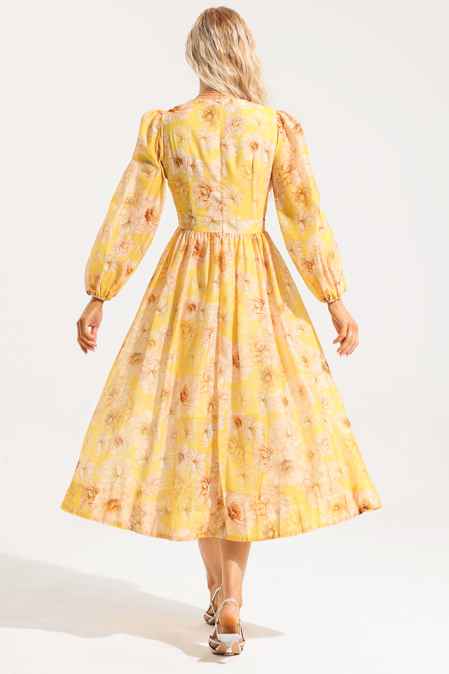 Floral V-Neck Long Sleeve Midi Dress