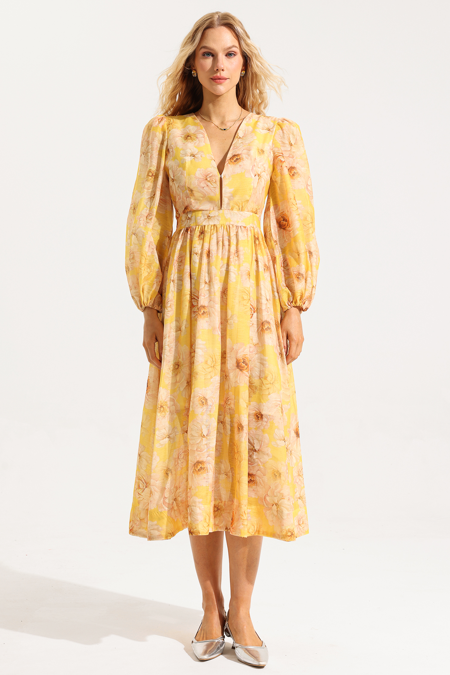 Floral V-Neck Long Sleeve Midi Dress