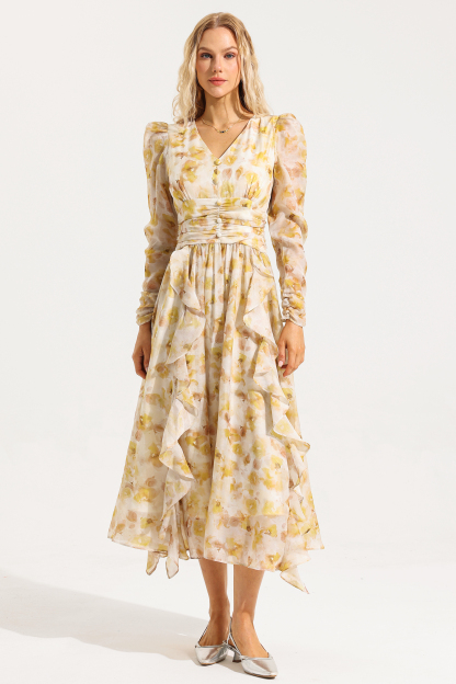 Floral V-Neck Long Sleeves Midi Dress