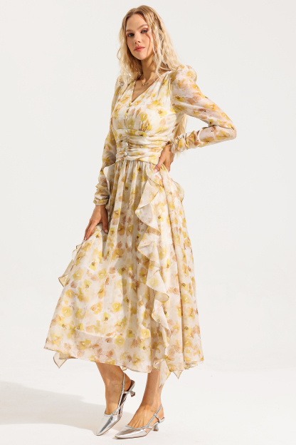 Floral V-Neck Long Sleeves Midi Dress