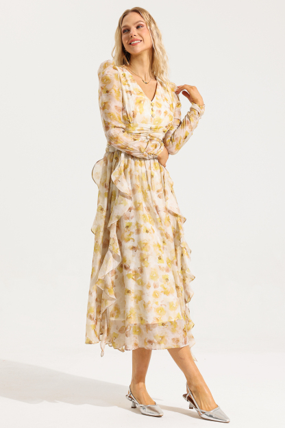 Floral V-Neck Long Sleeves Midi Dress
