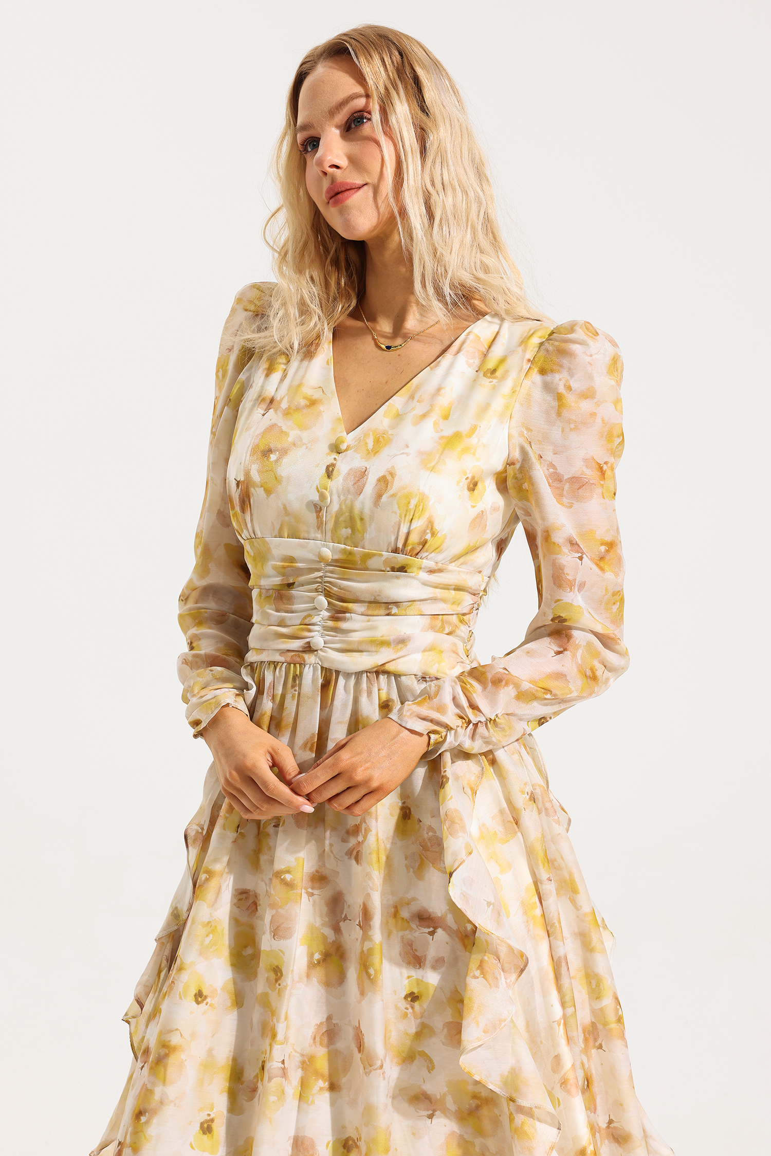 Floral V-Neck Long Sleeves Midi Dress
