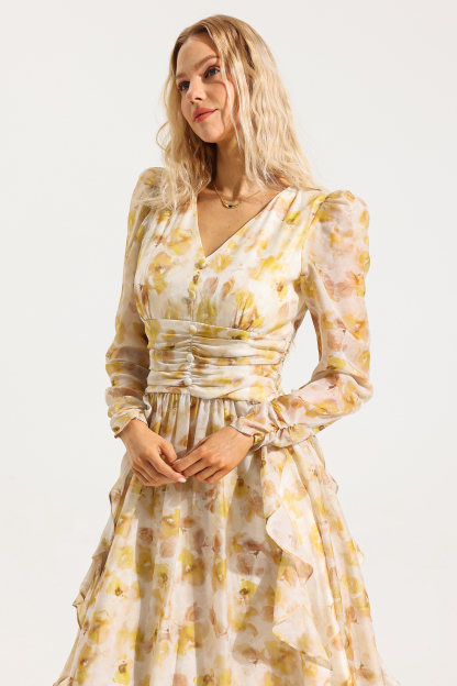 Floral V-Neck Long Sleeves Midi Dress