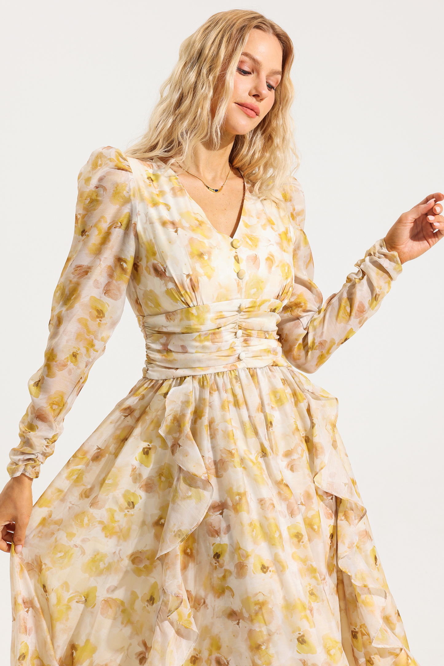 Floral V-Neck Long Sleeves Midi Dress