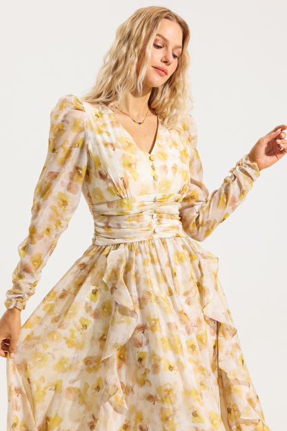 Floral V-Neck Long Sleeves Midi Dress