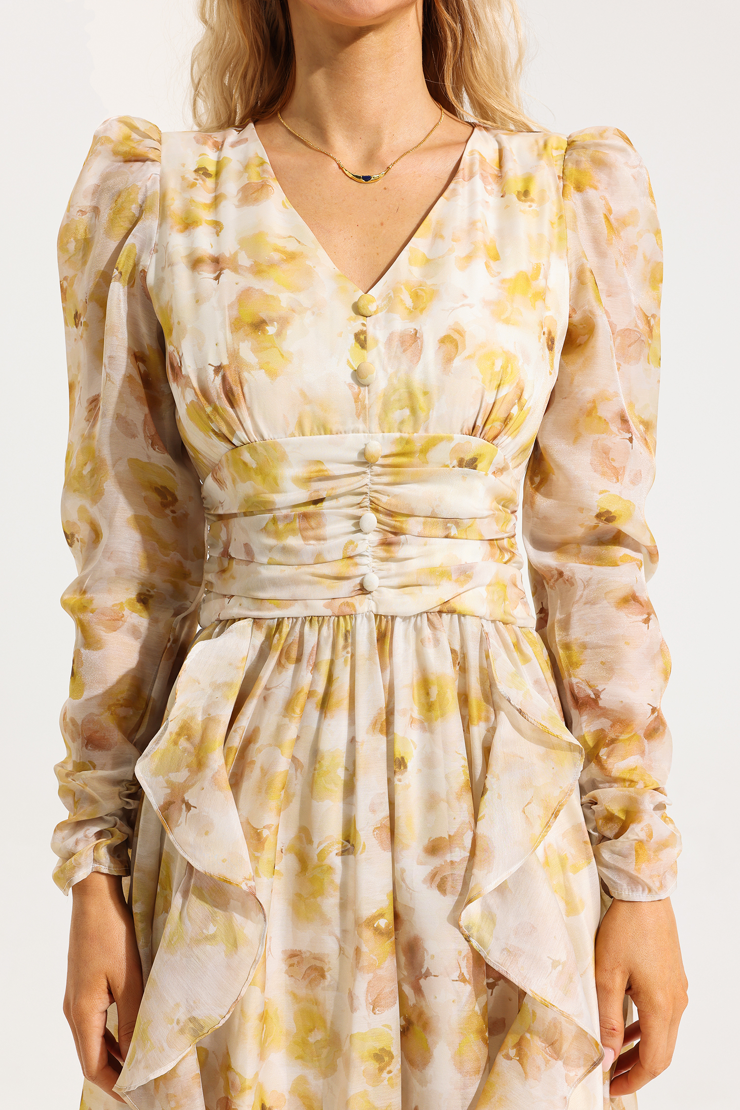 Floral V-Neck Long Sleeves Midi Dress