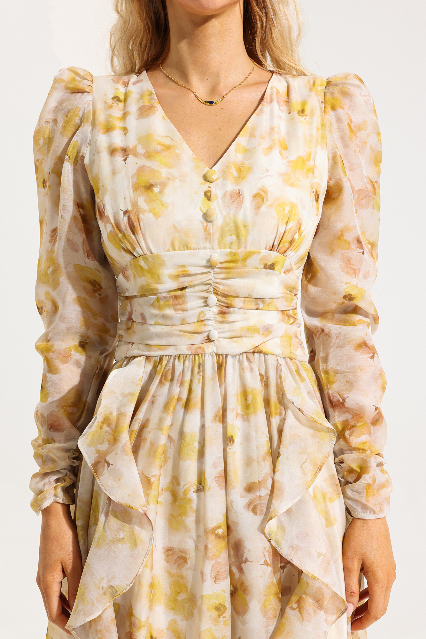 Floral V-Neck Long Sleeves Midi Dress