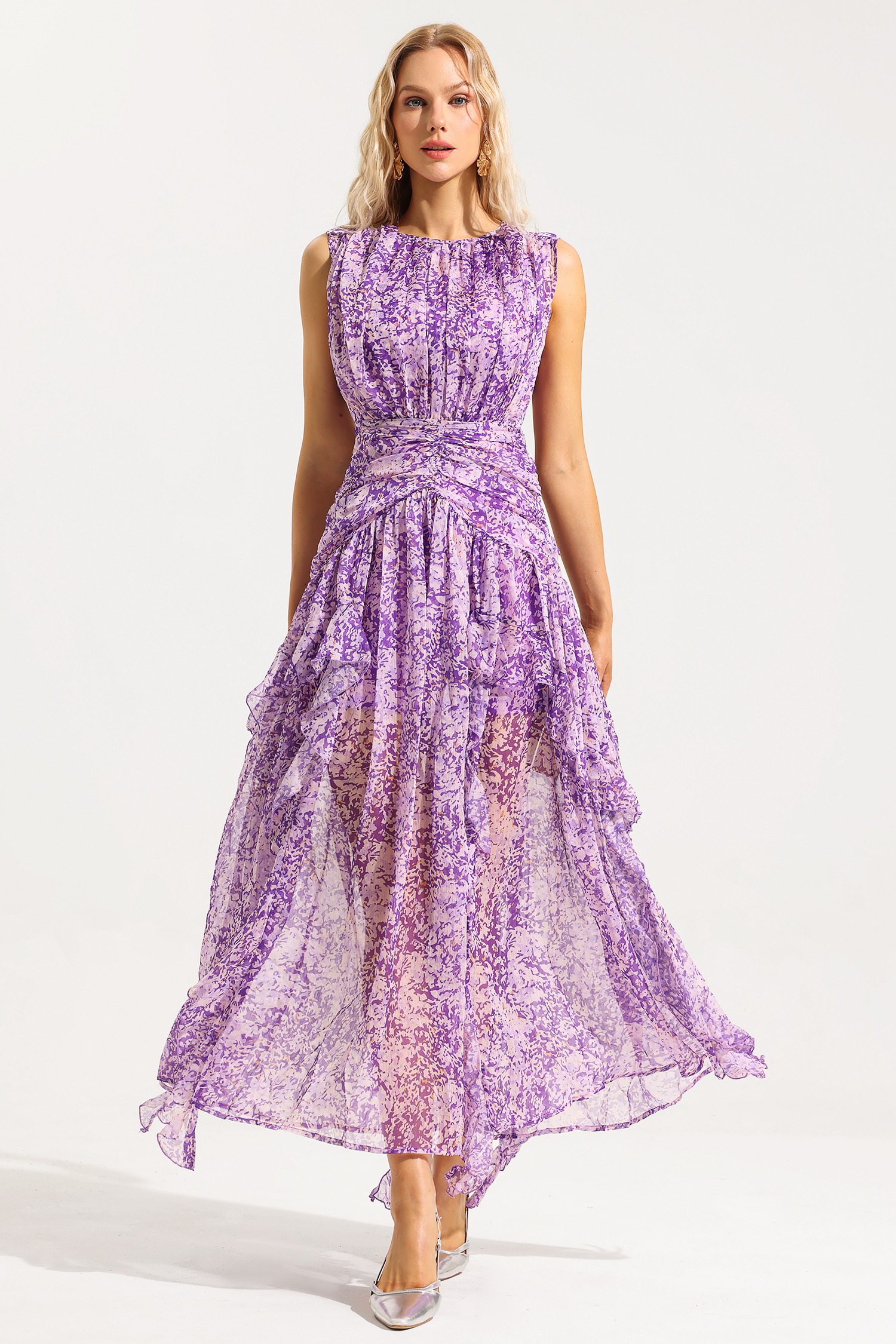Floral Sleeveless Crew Collar Midi Dress