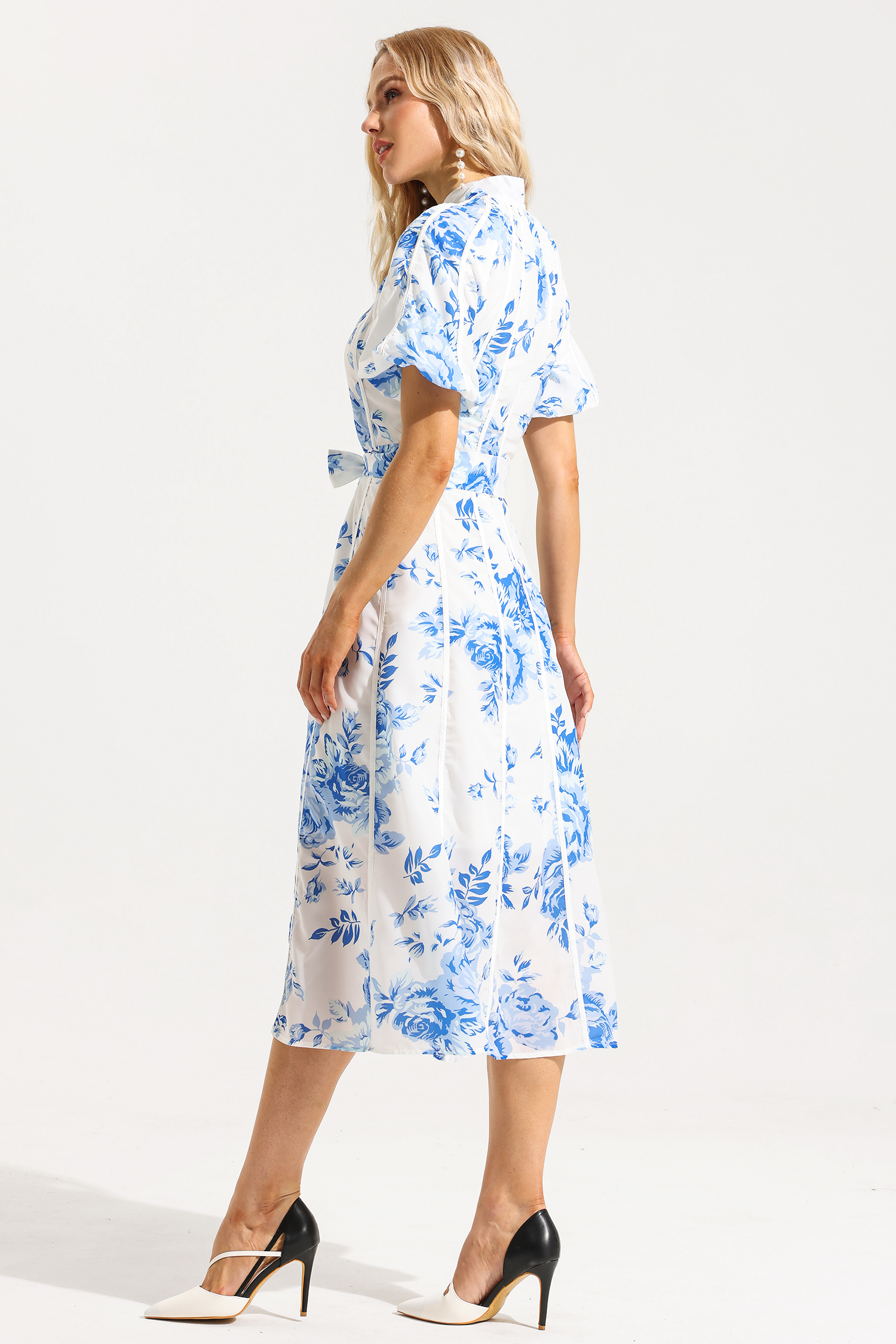 Floral Single Breasted Puff Sleeve Midi Dress With Belt