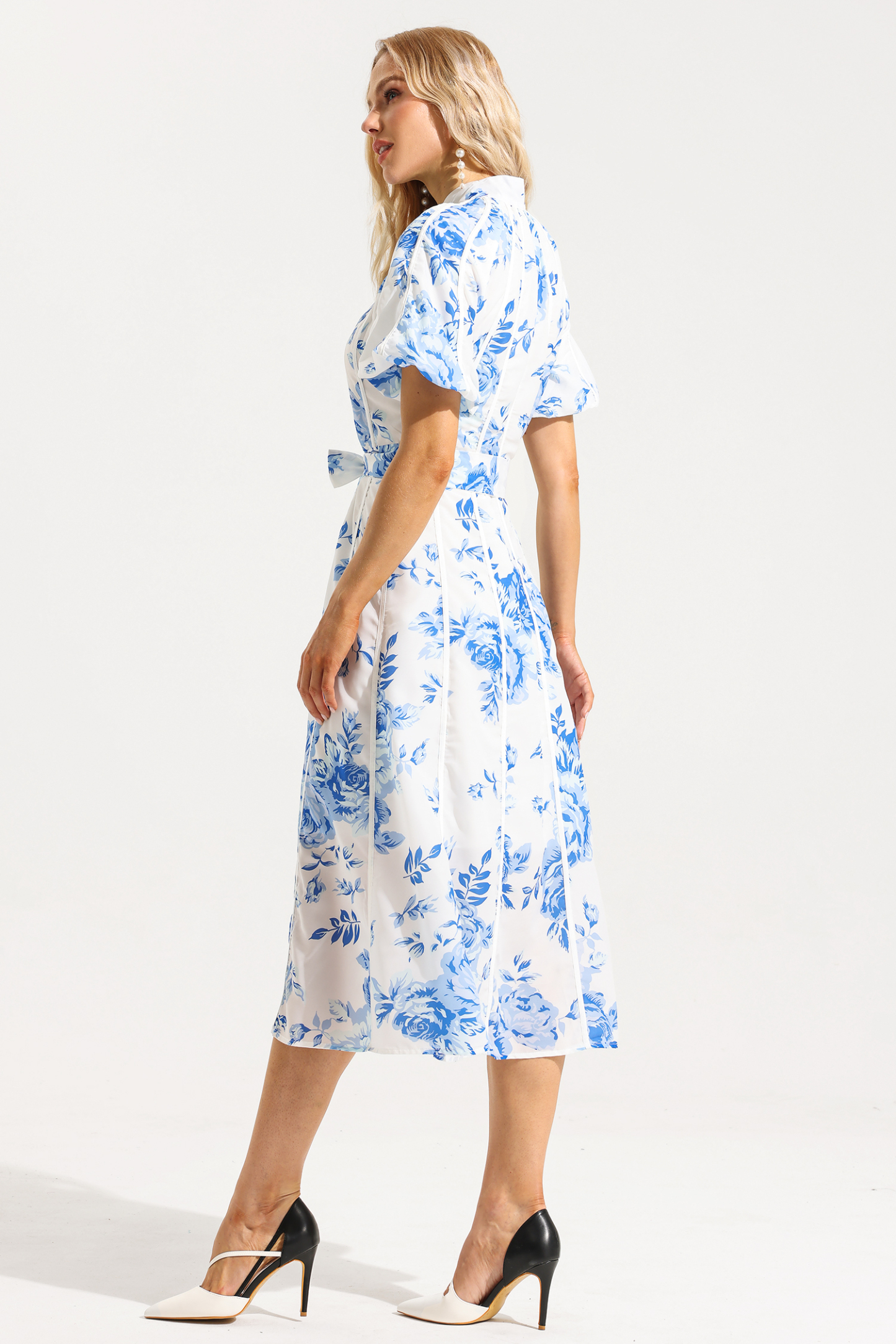 Floral Single Breasted Puff Sleeve Midi Dress With Belt