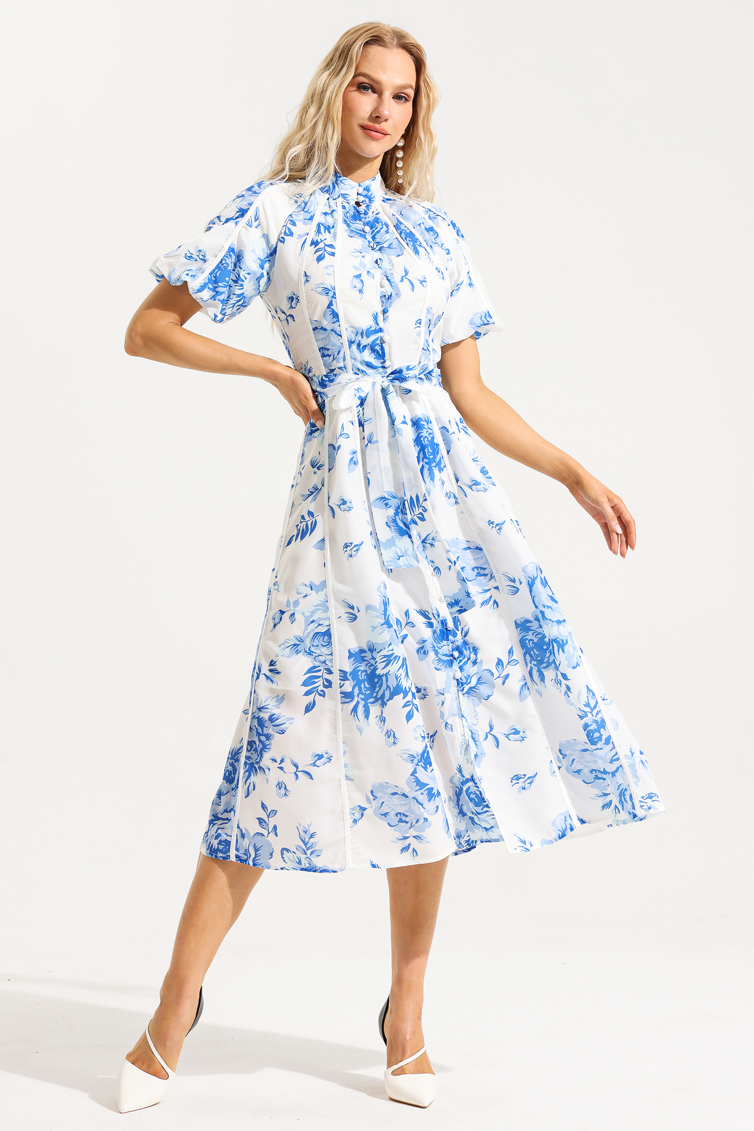 Floral Single Breasted Puff Sleeve Midi Dress With Belt
