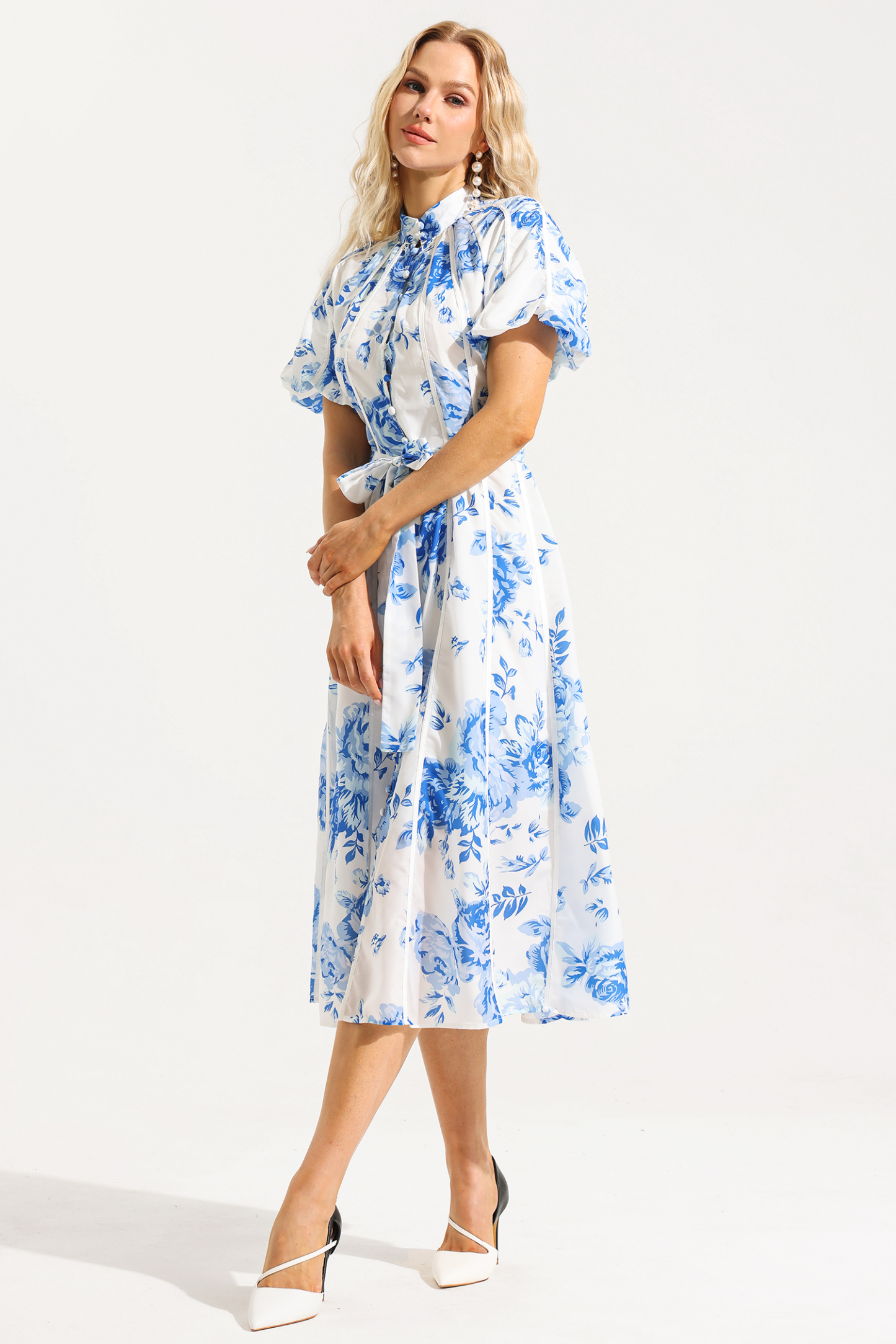 Floral Single Breasted Puff Sleeve Midi Dress With Belt
