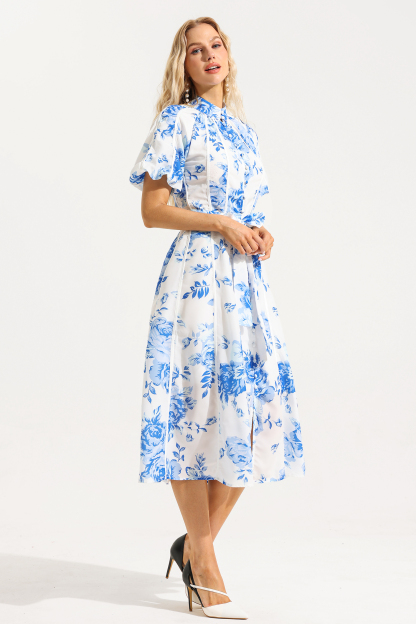 Floral Single Breasted Puff Sleeve Midi Dress With Belt