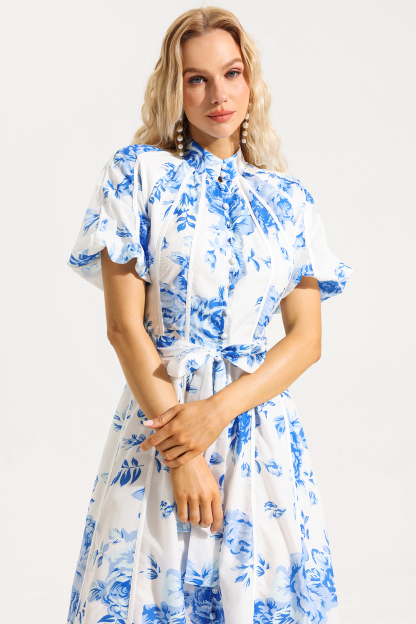 Floral Single Breasted Puff Sleeve Midi Dress With Belt