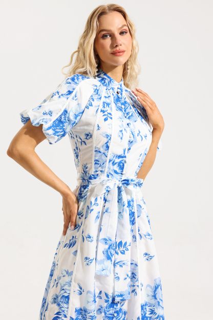 Floral Single Breasted Puff Sleeve Midi Dress With Belt