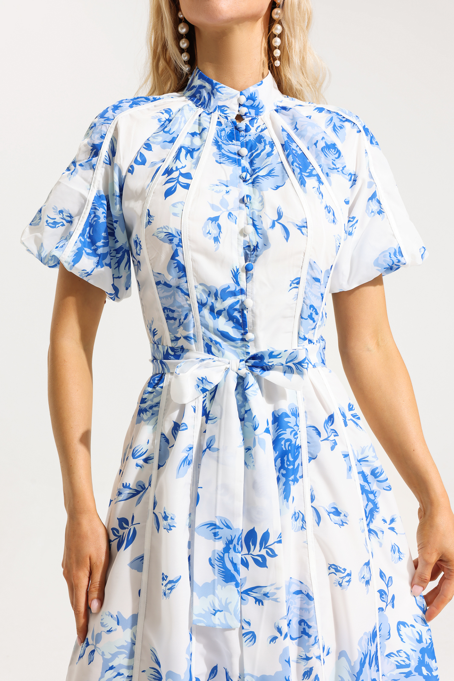 Floral Single Breasted Puff Sleeve Midi Dress With Belt
