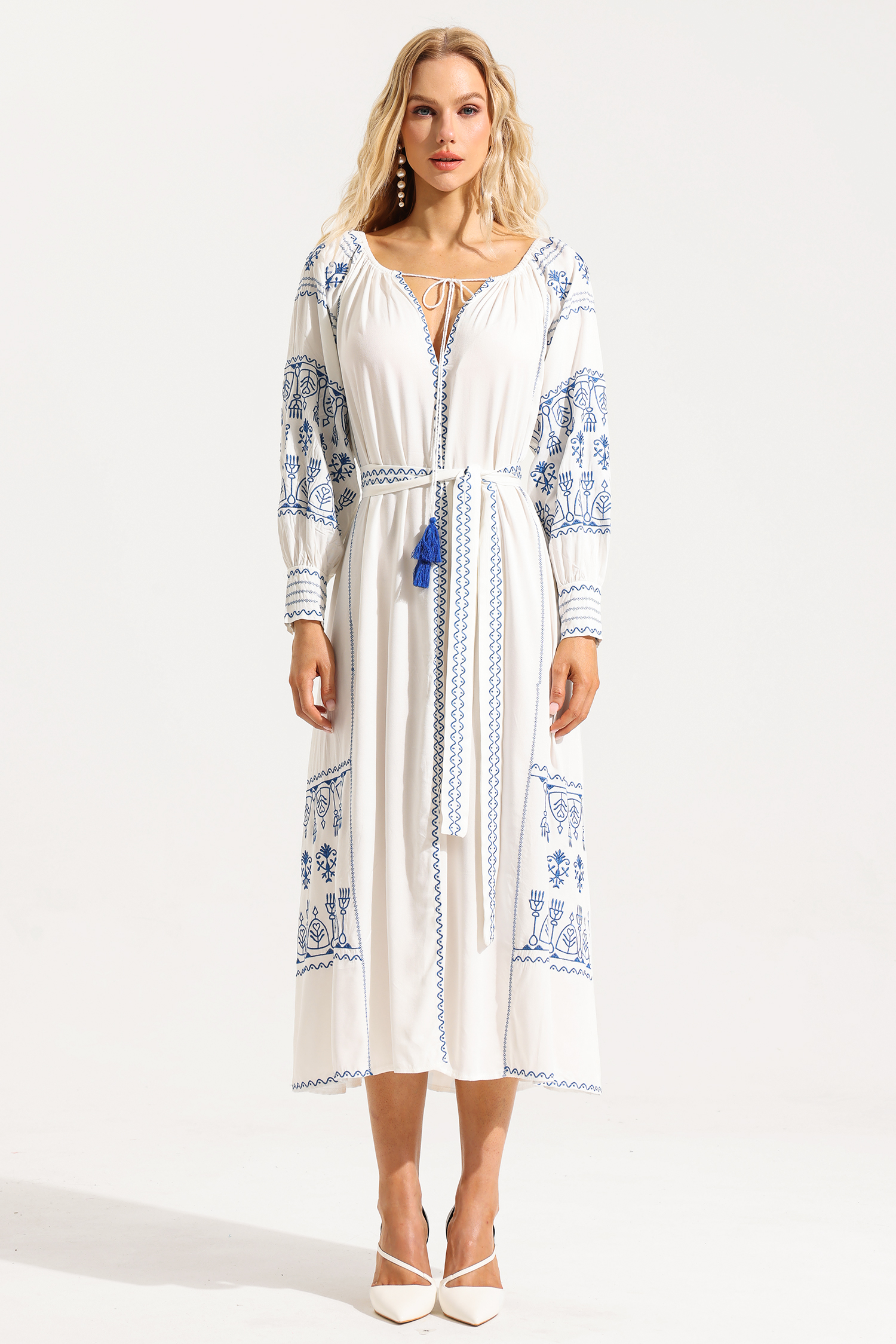 Paisley Embroidered Lace Up Maxi Dress