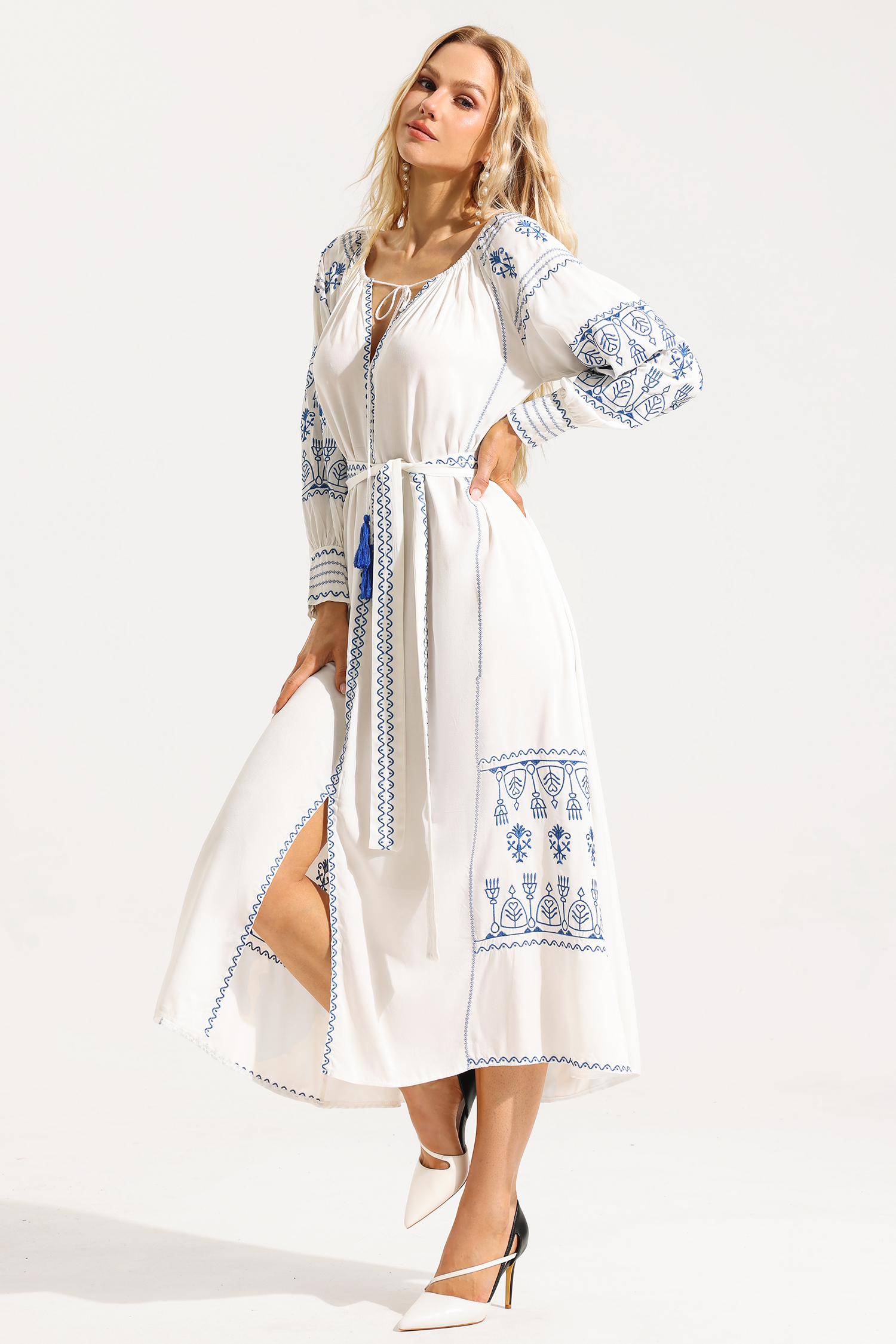 Paisley Embroidered Lace Up Maxi Dress