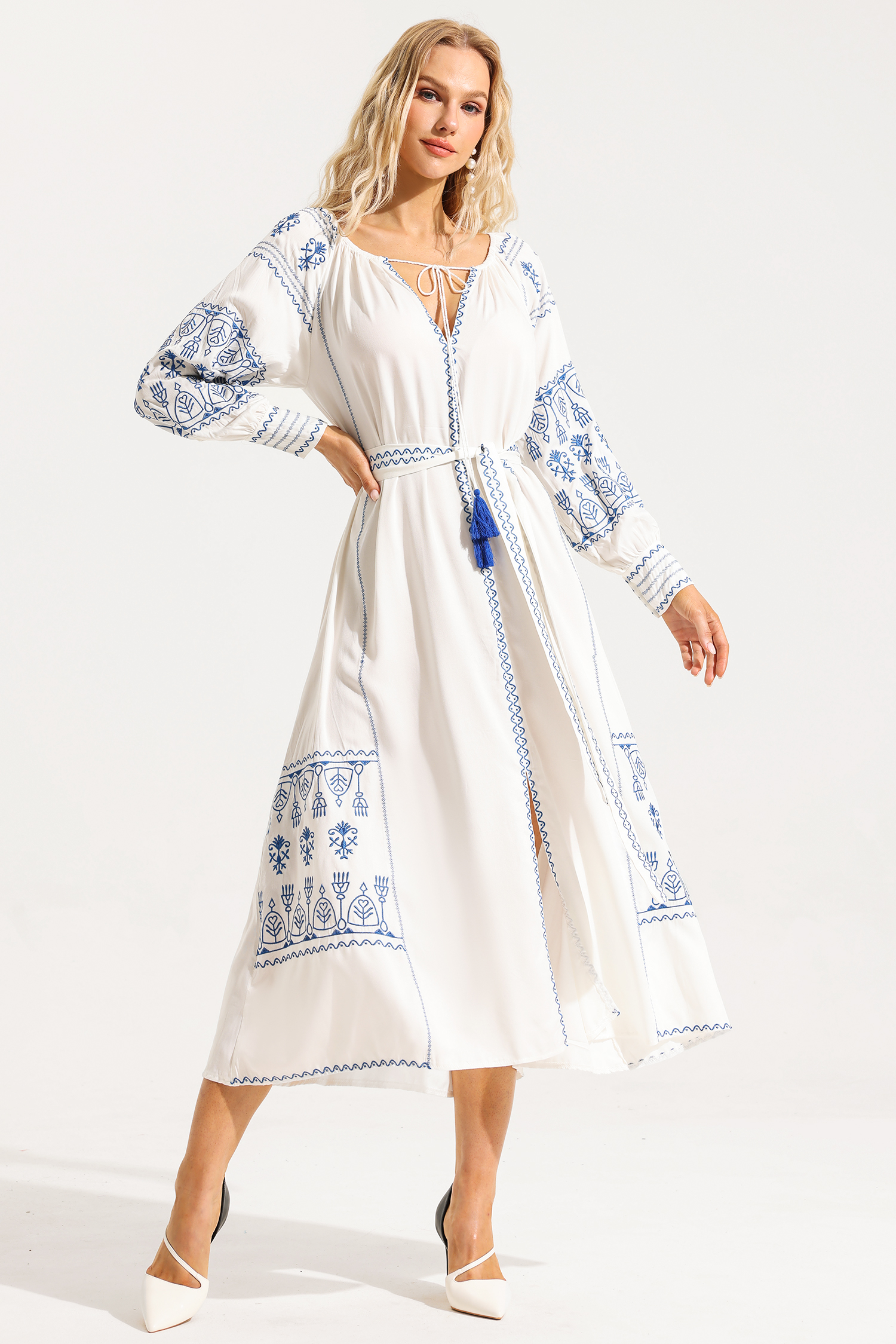 Paisley Embroidered Lace Up Maxi Dress
