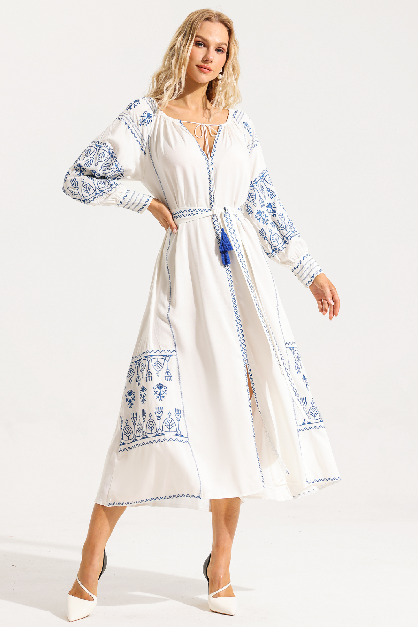 Paisley Embroidered Lace Up Maxi Dress