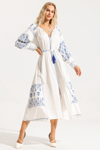 Paisley Embroidered Lace Up Maxi Dress