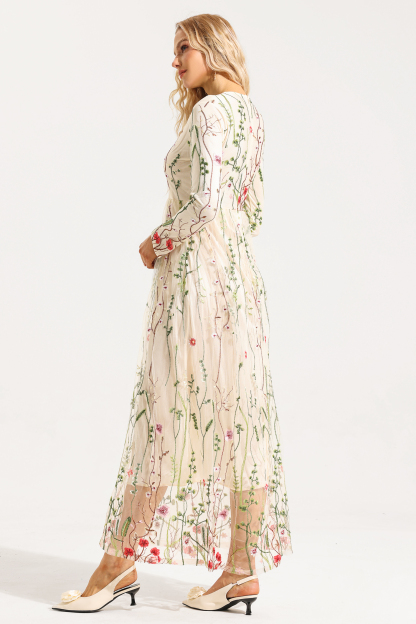 Embroidered Round Neck Long Sleeve Maxi Dress