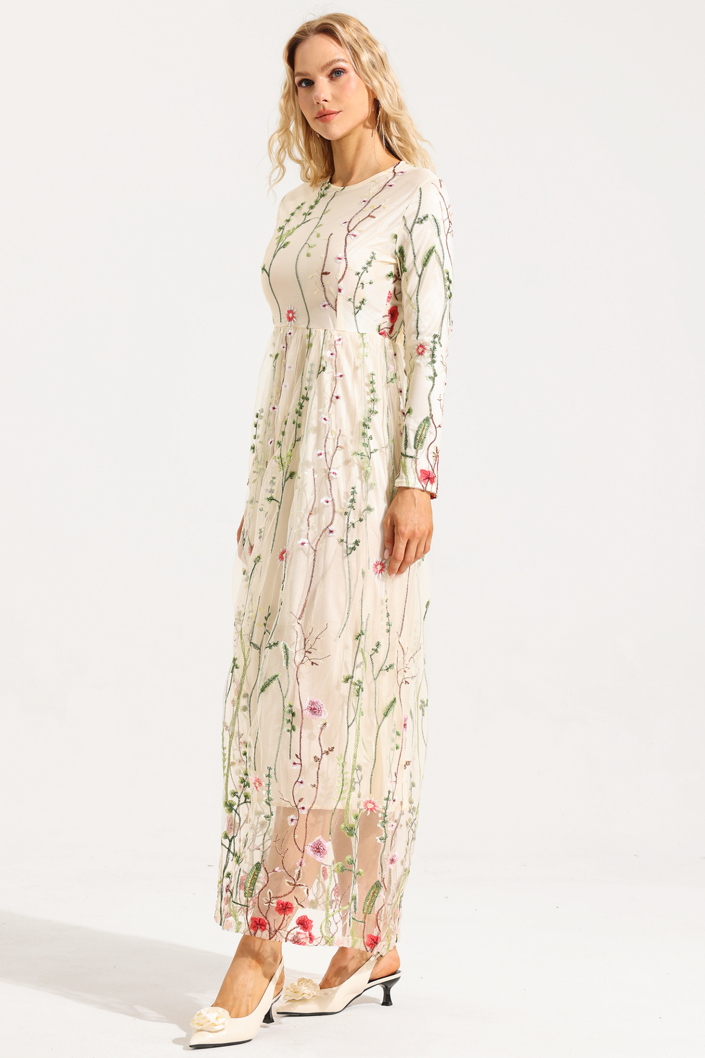 Embroidered Round Neck Long Sleeve Maxi Dress