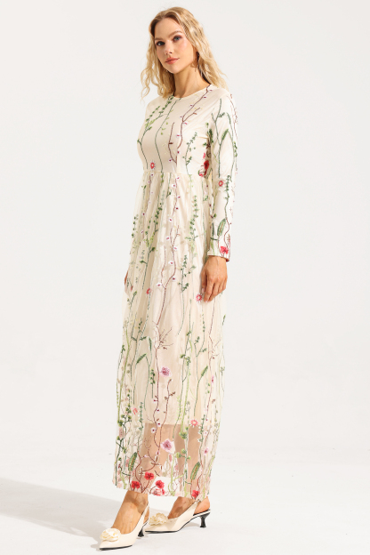 Embroidered Round Neck Long Sleeve Maxi Dress