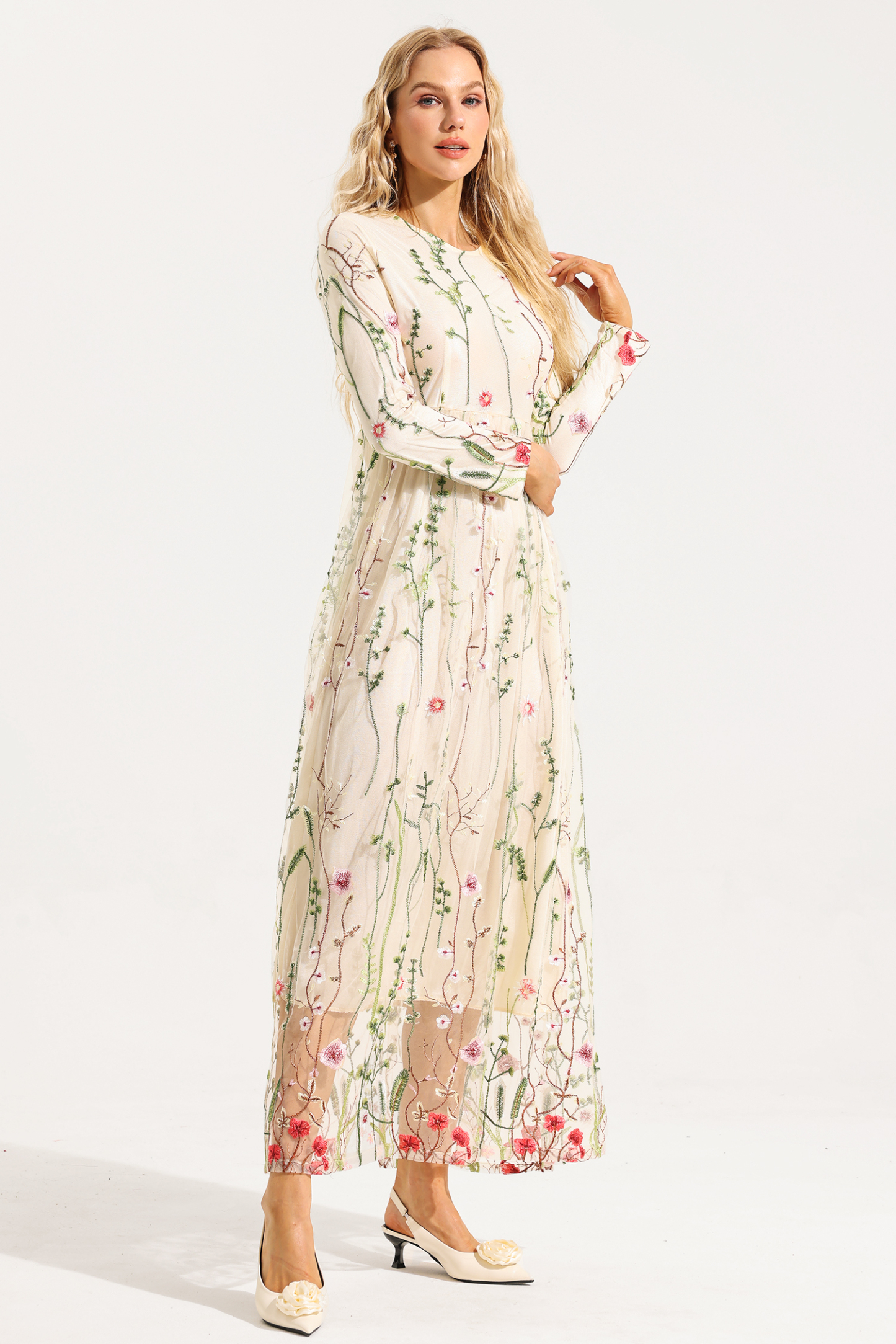 Embroidered Round Neck Long Sleeve Maxi Dress