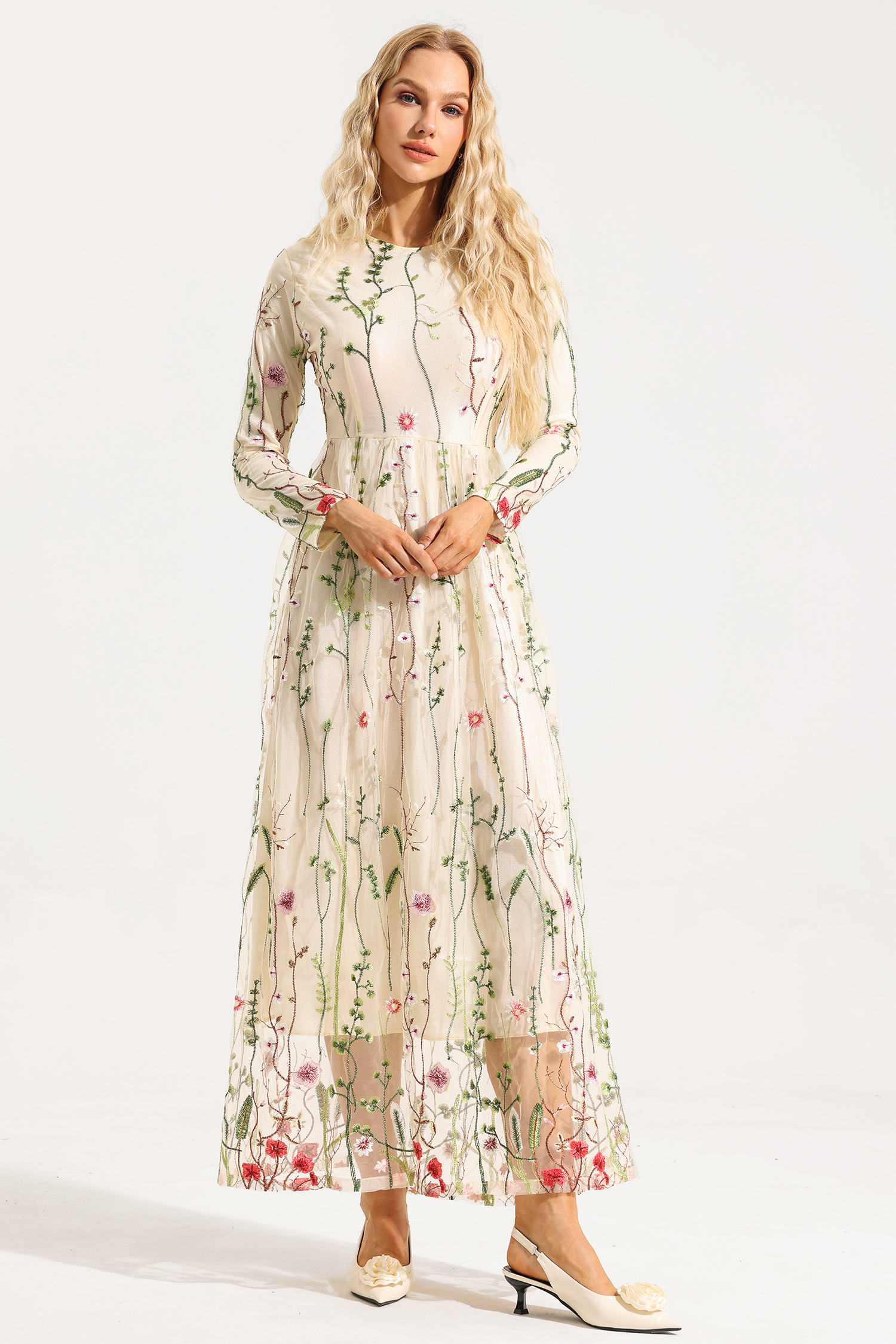 Embroidered Round Neck Long Sleeve Maxi Dress