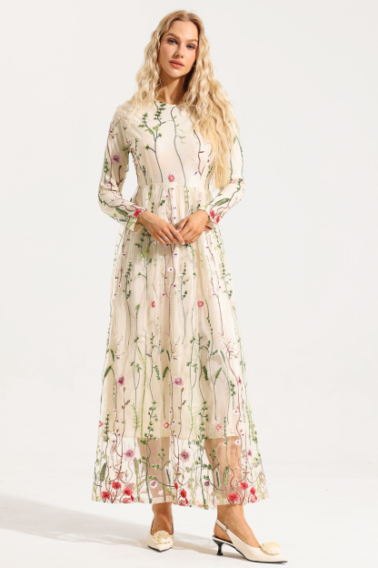 Embroidered Round Neck Long Sleeve Maxi Dress