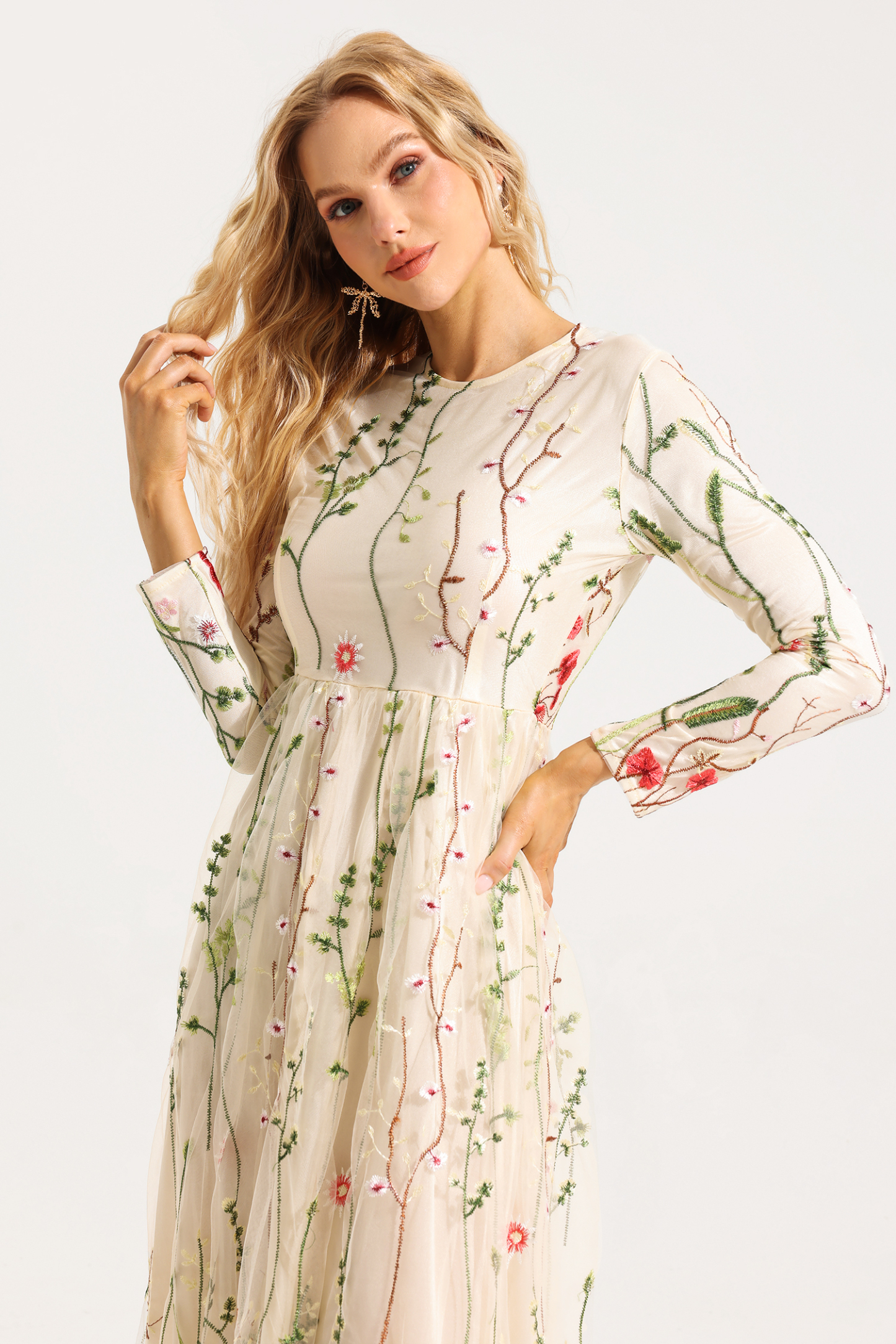 Embroidered Round Neck Long Sleeve Maxi Dress