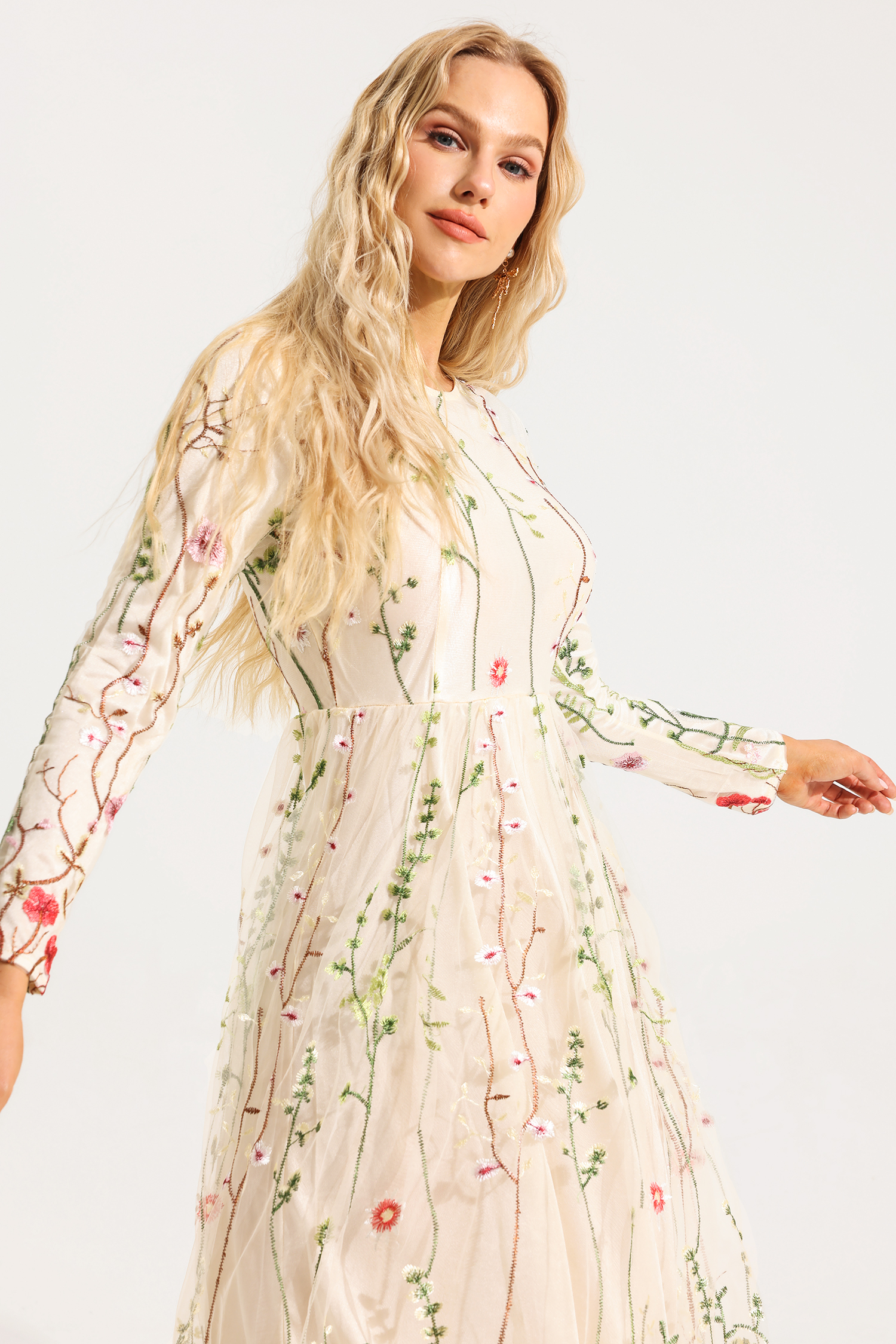 Embroidered Round Neck Long Sleeve Maxi Dress