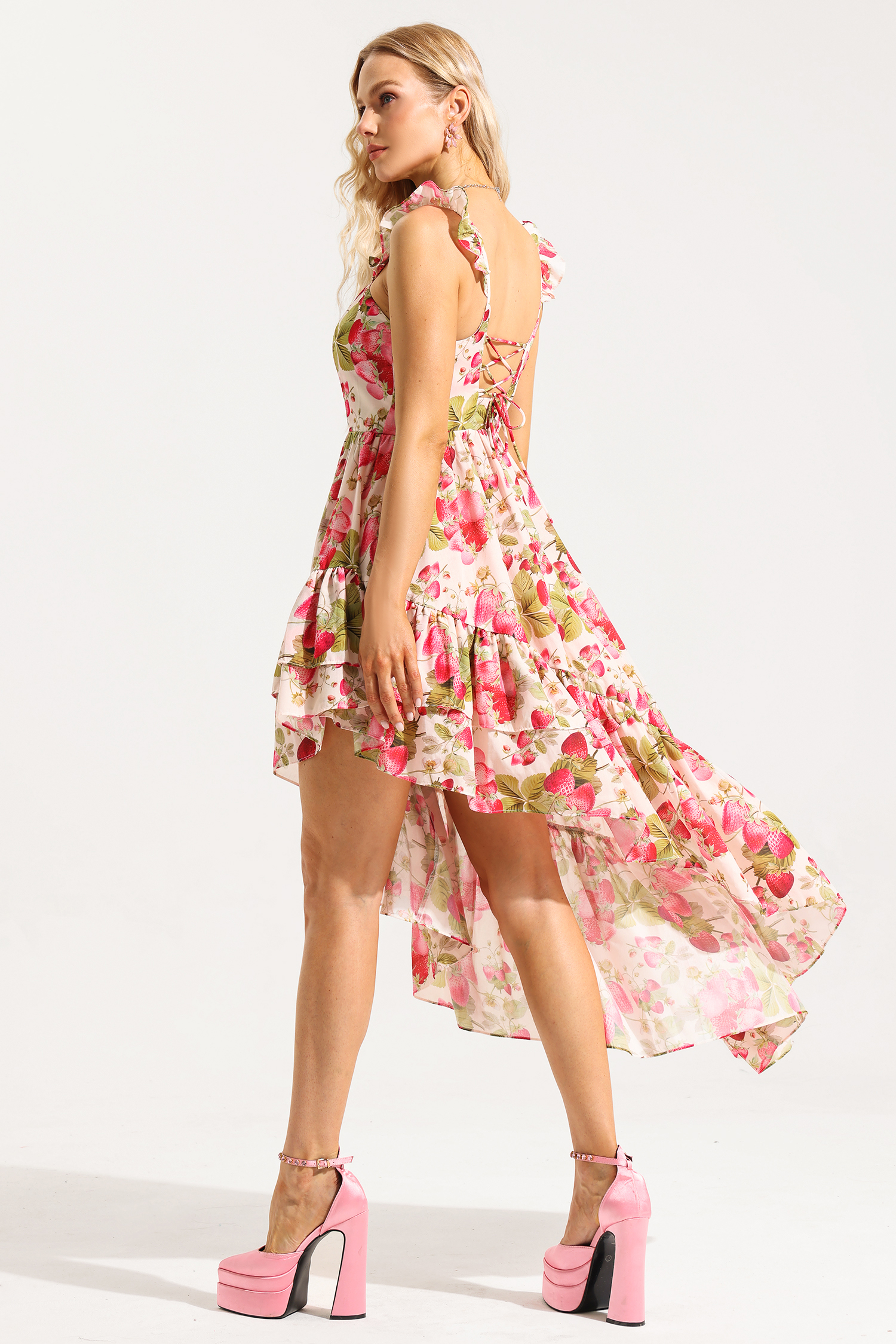 Floral Sweetheart Neckl Frill Midi Dress
