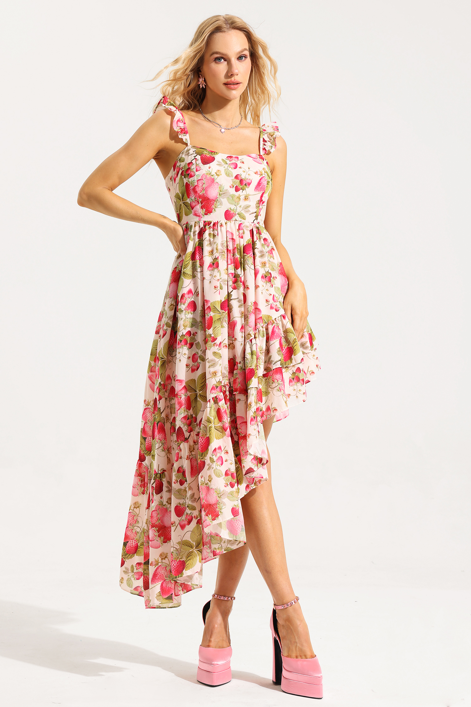 Floral Sweetheart Neckl Frill Midi Dress