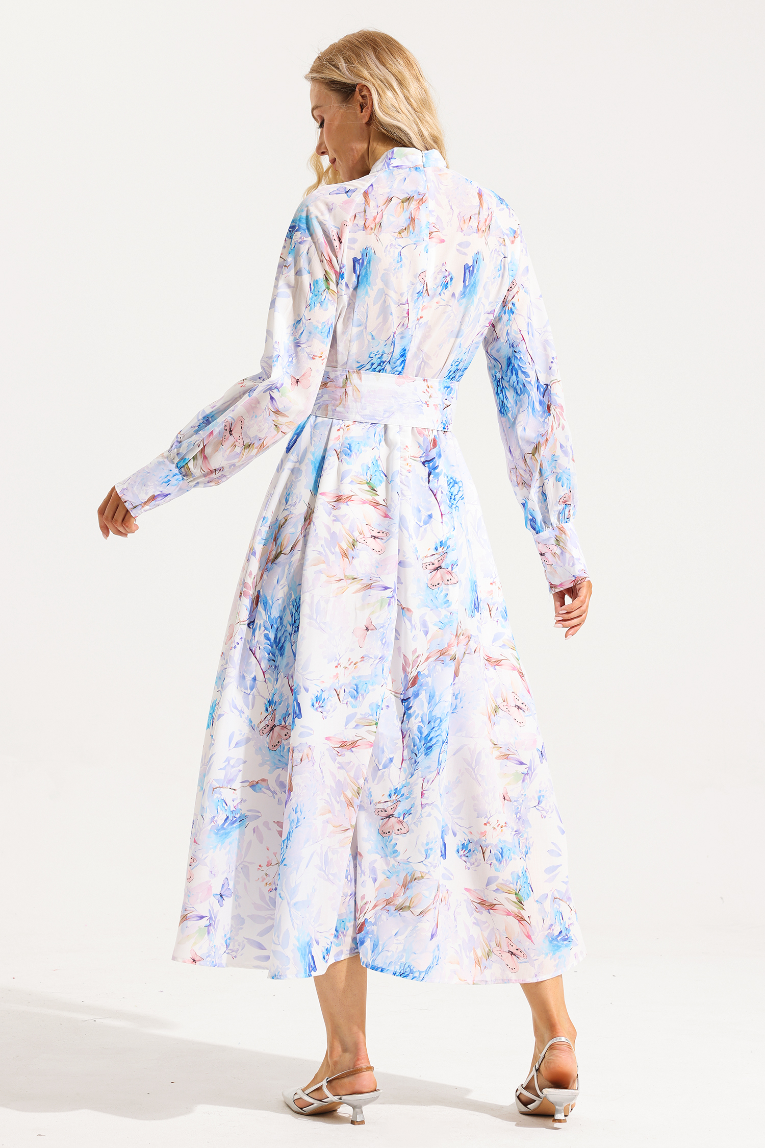 Floral Button Lantern Sleeve Midi Dress