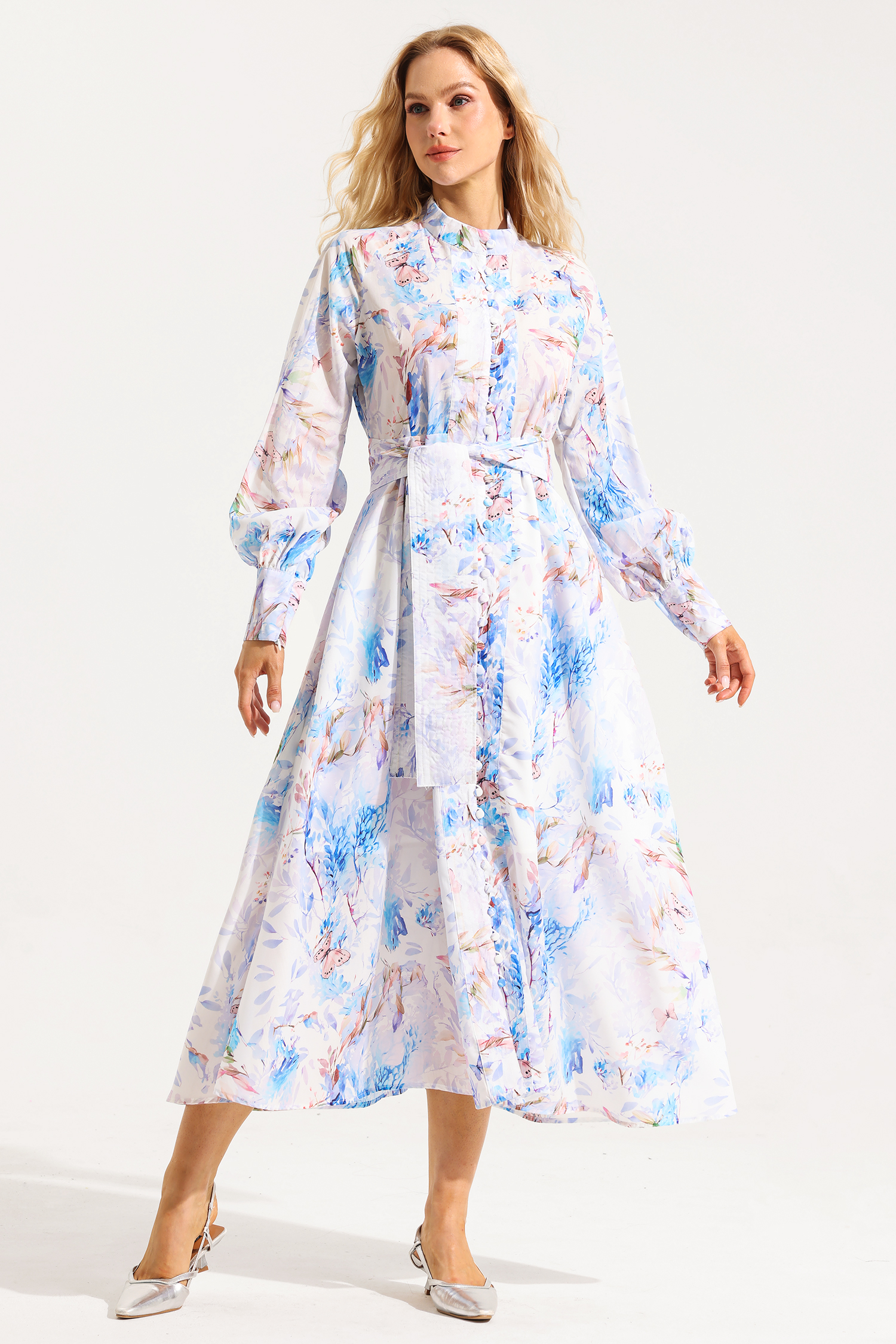 Floral Button Lantern Sleeve Midi Dress