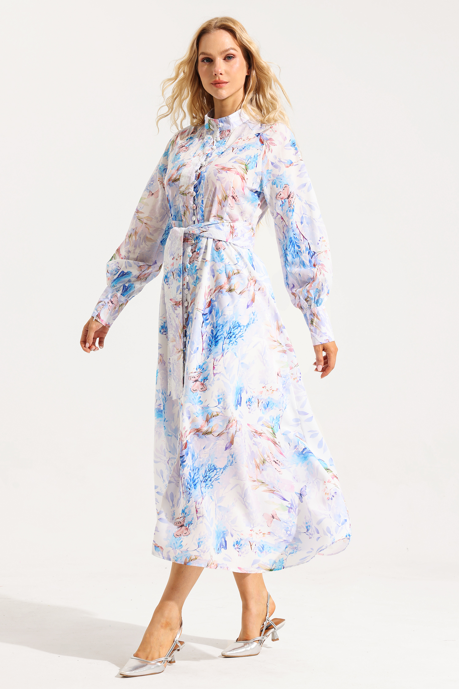Floral Button Lantern Sleeve Midi Dress