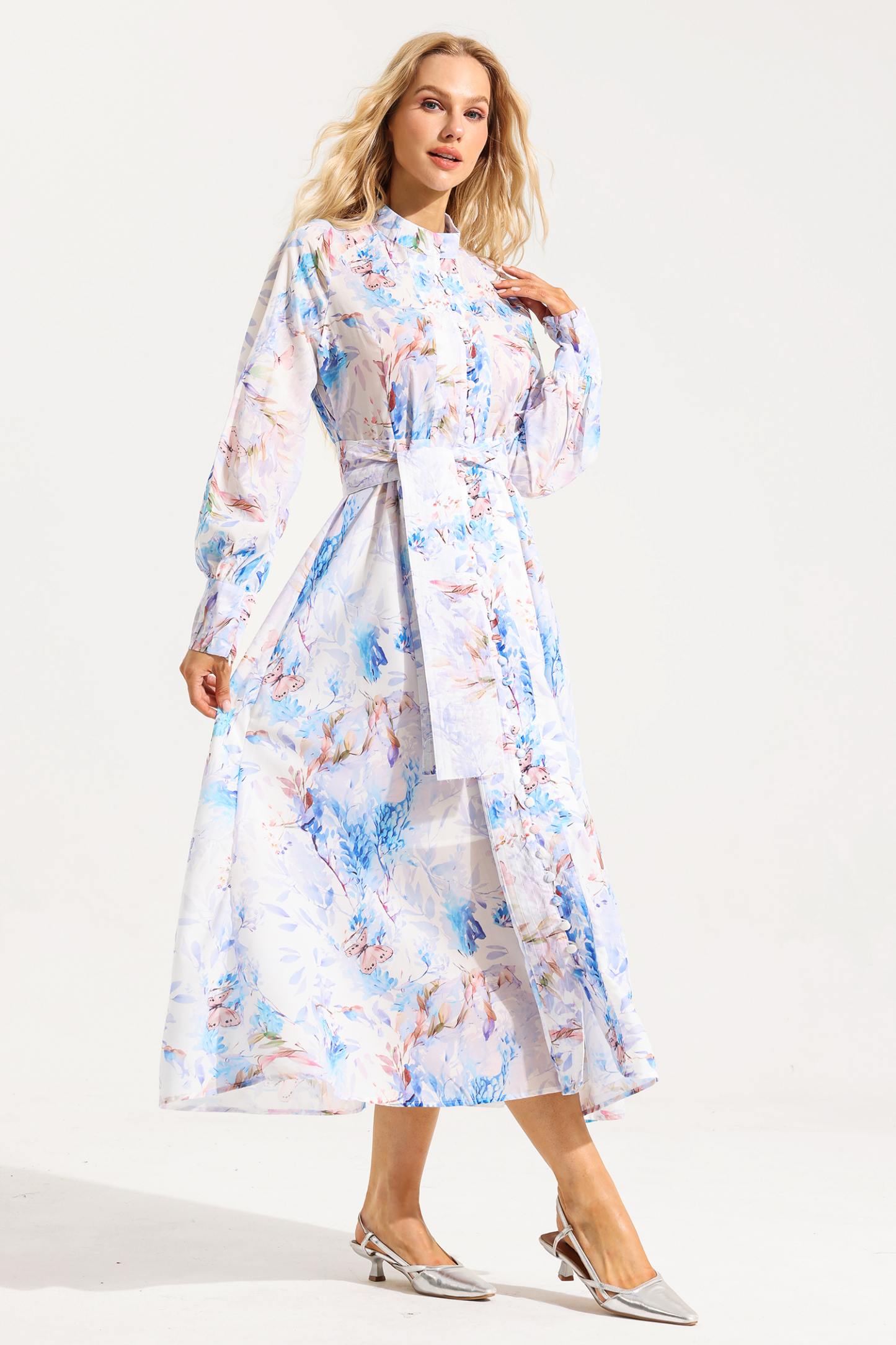 Floral Button Lantern Sleeve Midi Dress