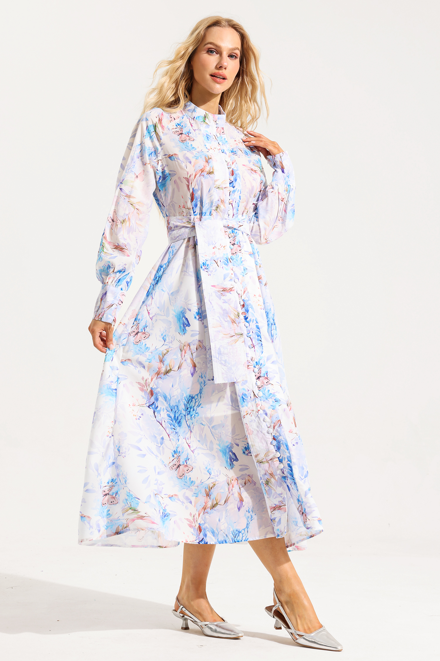 Floral Button Lantern Sleeve Midi Dress