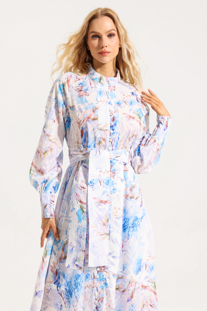 Floral Button Lantern Sleeve Midi Dress