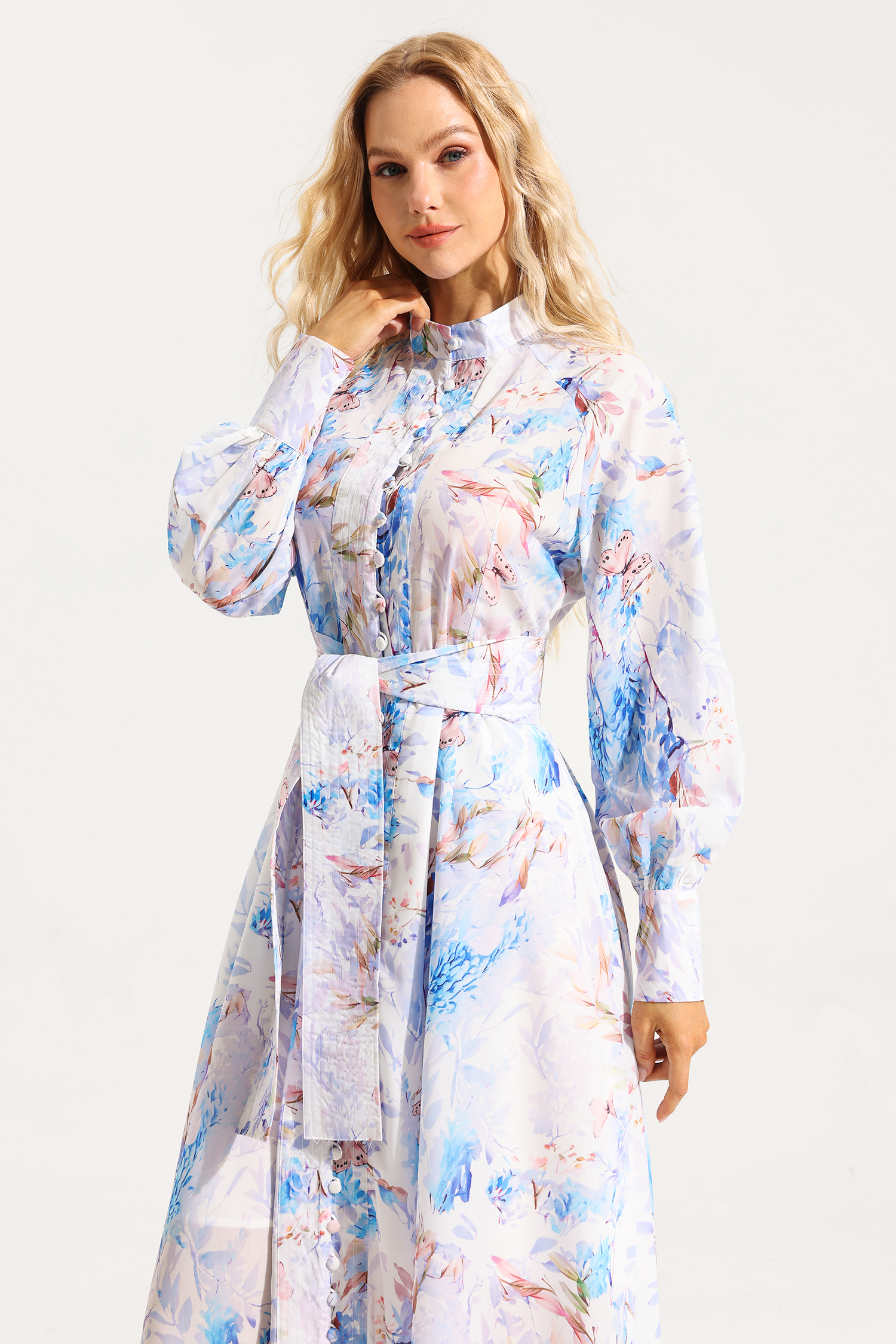 Floral Button Lantern Sleeve Midi Dress