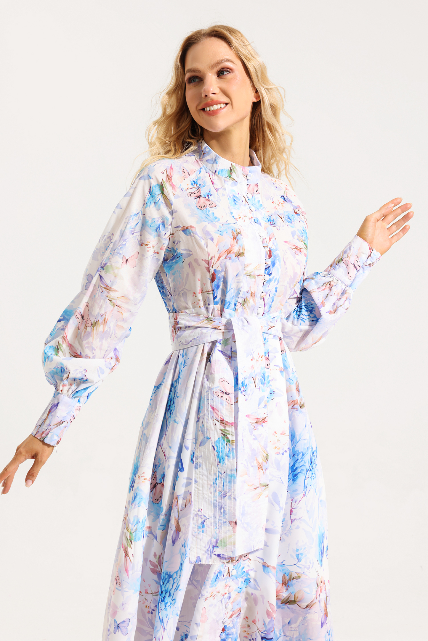 Floral Button Lantern Sleeve Midi Dress