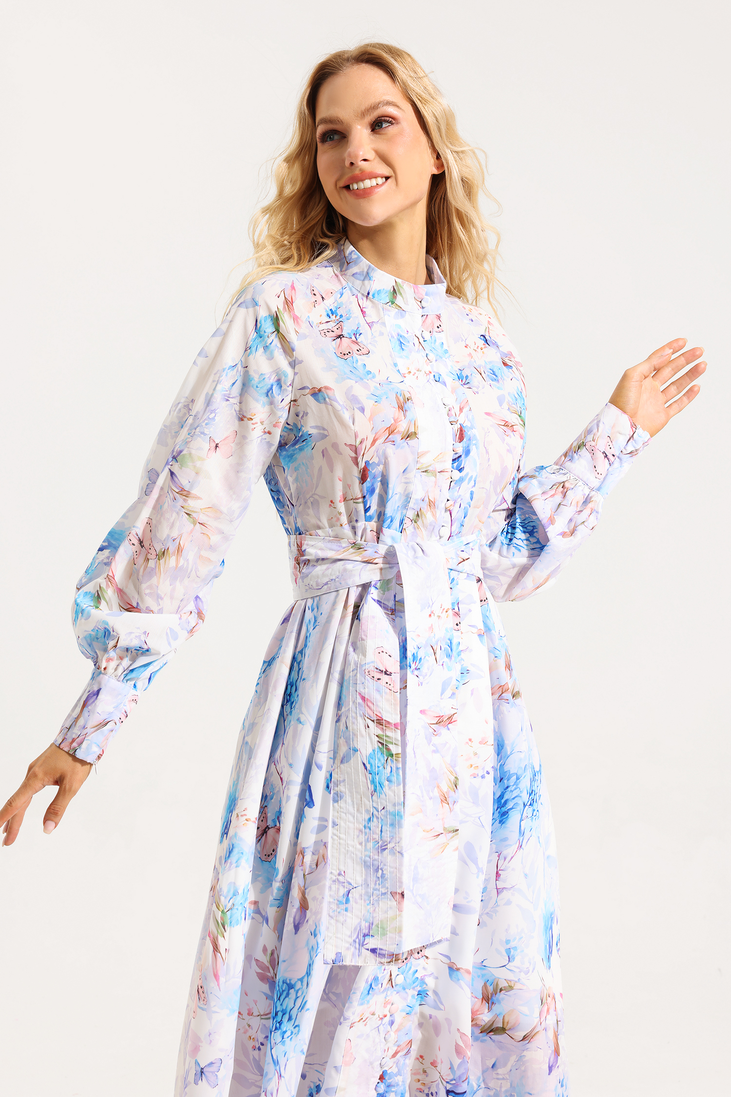 Floral Button Lantern Sleeve Midi Dress