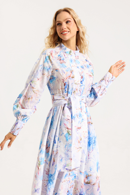 Floral Button Lantern Sleeve Midi Dress