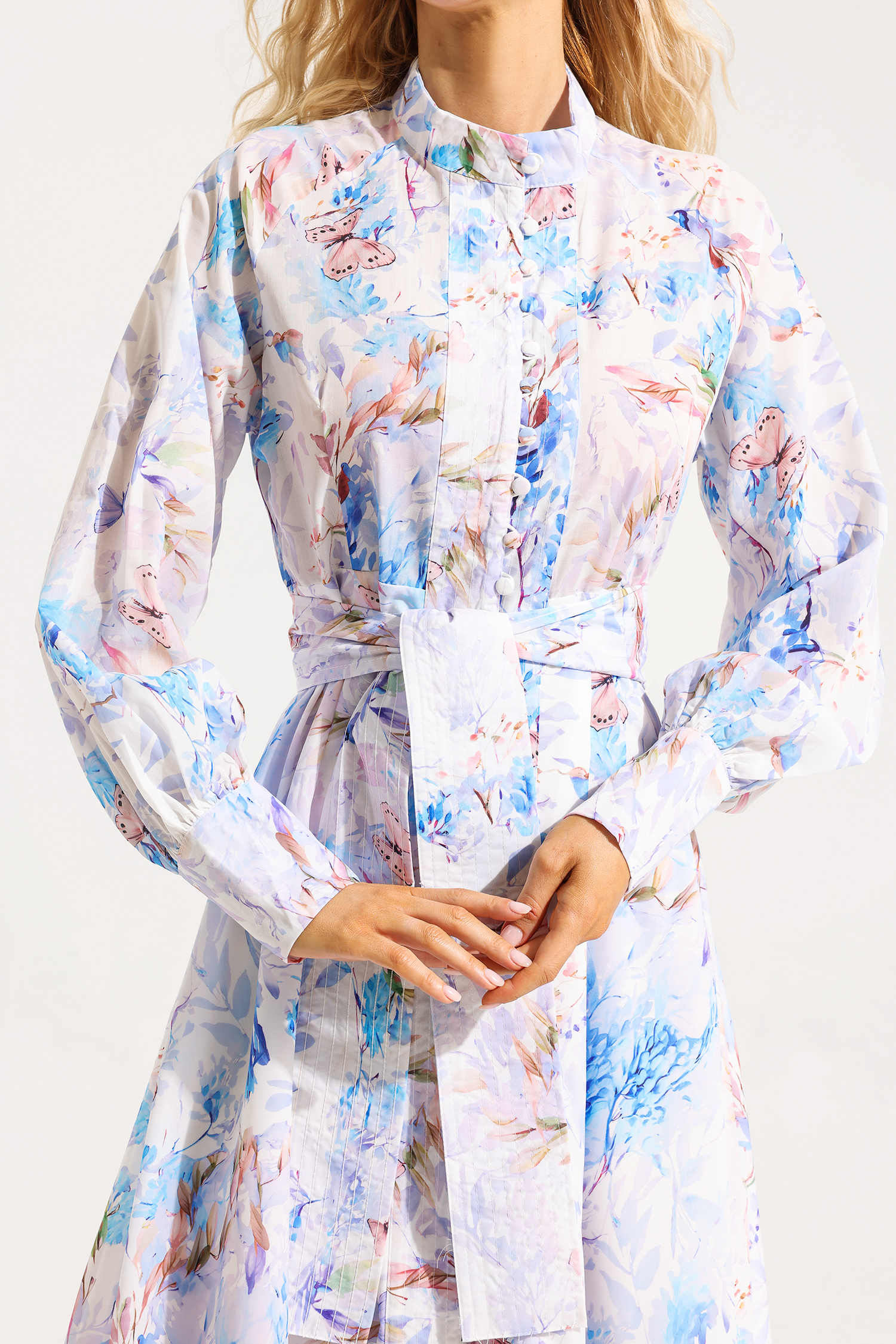 Floral Button Lantern Sleeve Midi Dress