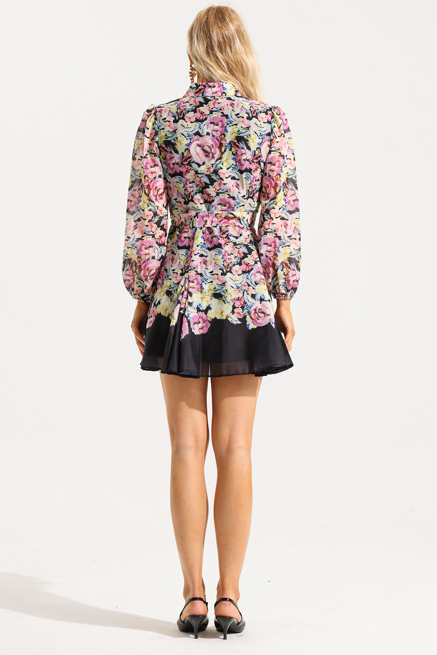 Floral Lantern Sleeve Mini Dress With Belt