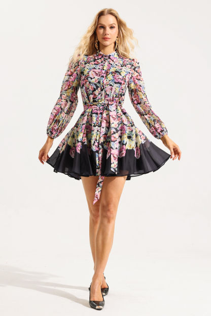 Floral Lantern Sleeve Mini Dress With Belt