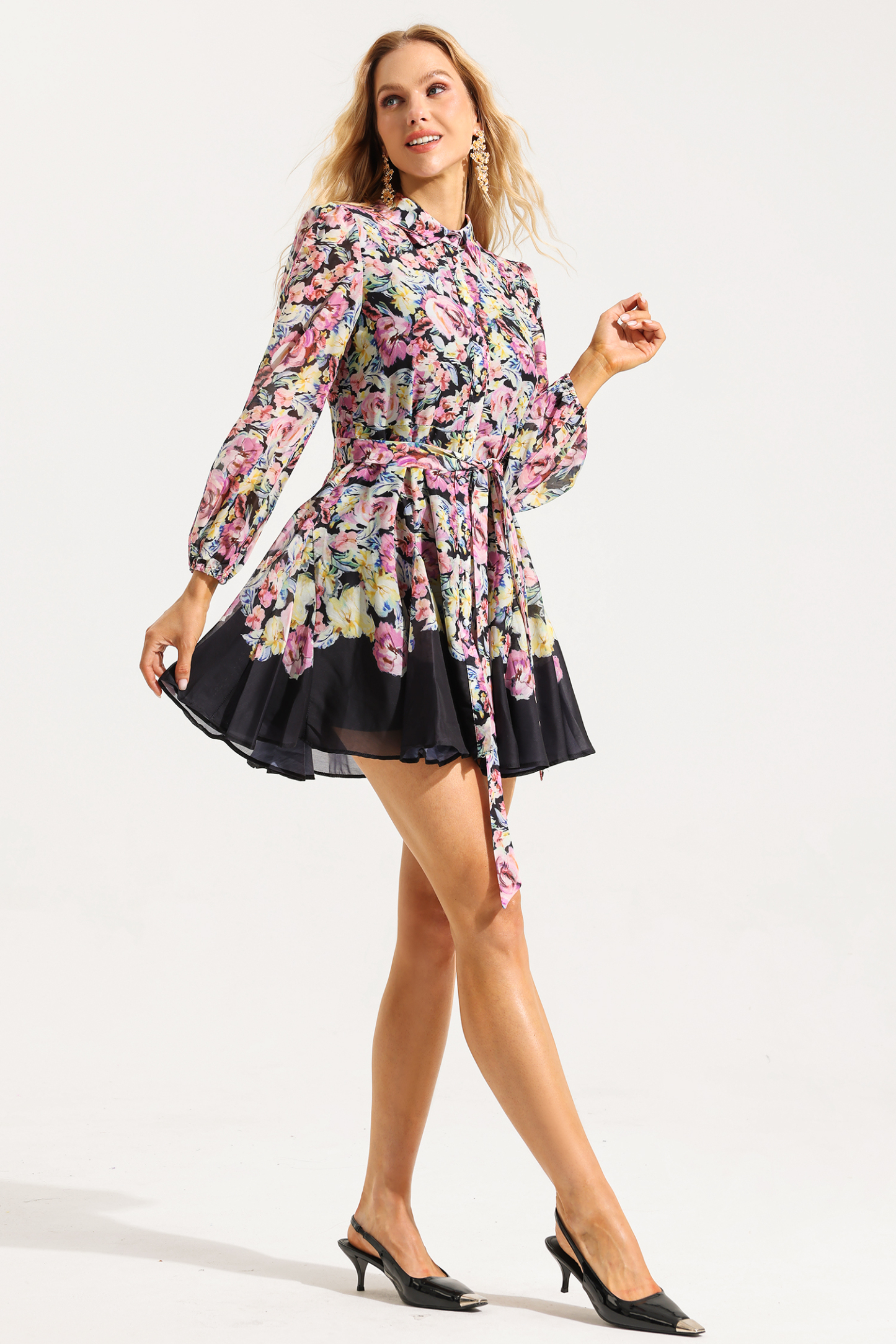 Floral Lantern Sleeve Mini Dress With Belt