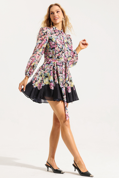 Floral Lantern Sleeve Mini Dress With Belt